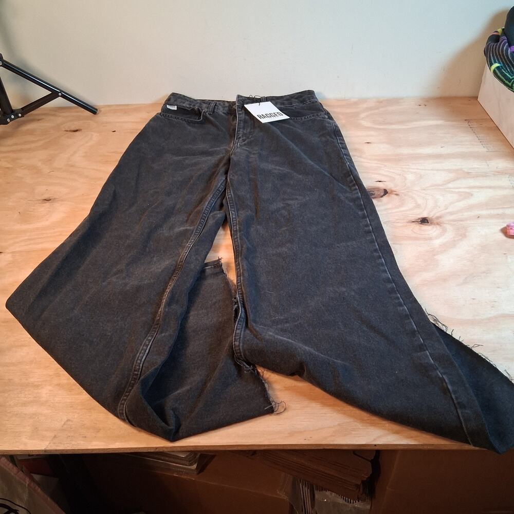 The Ragged Priest Size 28 Black Wide Leg High Rise Jeans Distressed Raw Hem